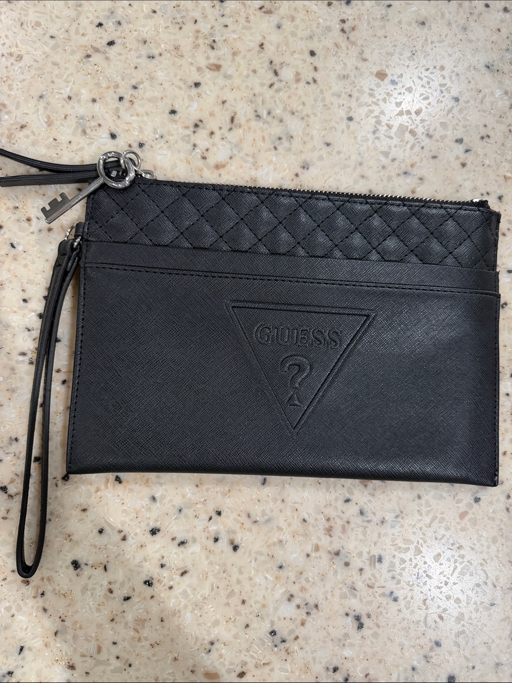 GUESS Black Embossed Logo Quilted Top Wristlet
